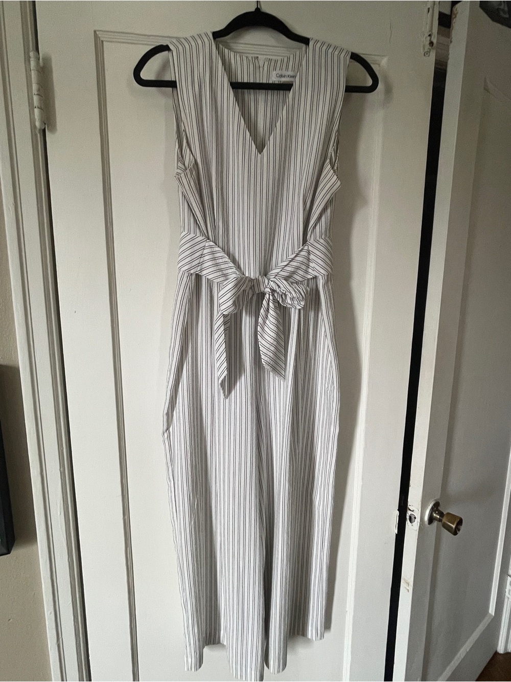 Calvin Klein White and Black Striped Tie-Waist Jumpsuit